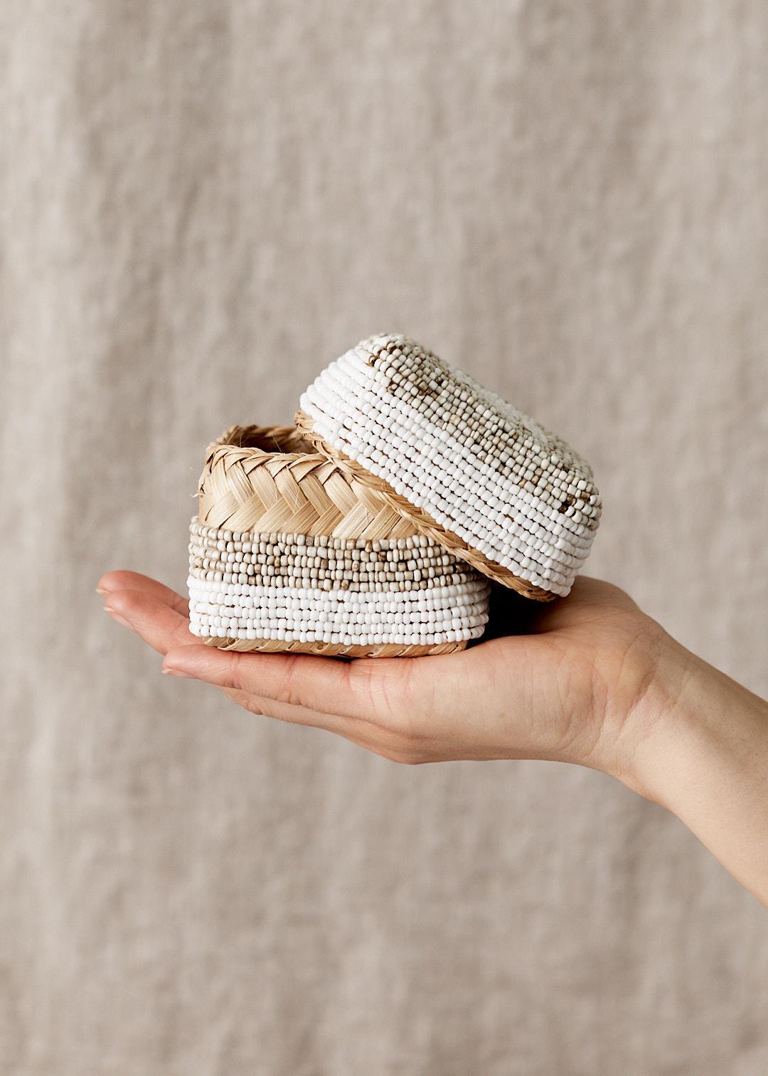 Natural & White Stripe Beaded Box