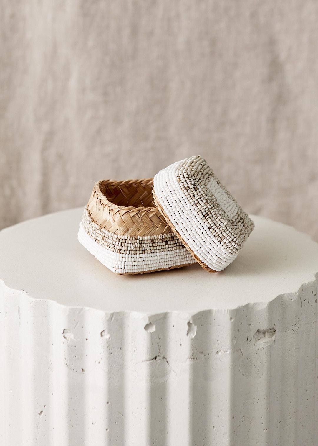 Natural & White Stripe Beaded Box